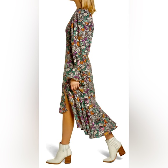 ASOS I TopShop Whimsical Floral Maxi Dress Long Puff Sleeves w Wrist Ties - Picture 4 of 11